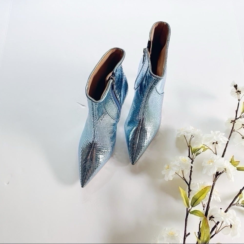 NEW Schutz Metallic Bette Ankle Bootie In Metallic Blue Leather - Picture 3 of 6